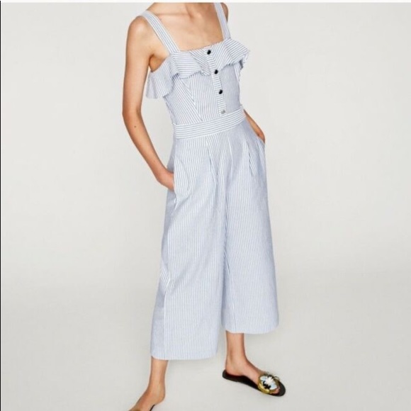 NWT Zara Wide Leg Striped Jumpsuit w Ruffle Neck - Picture 10 of 10